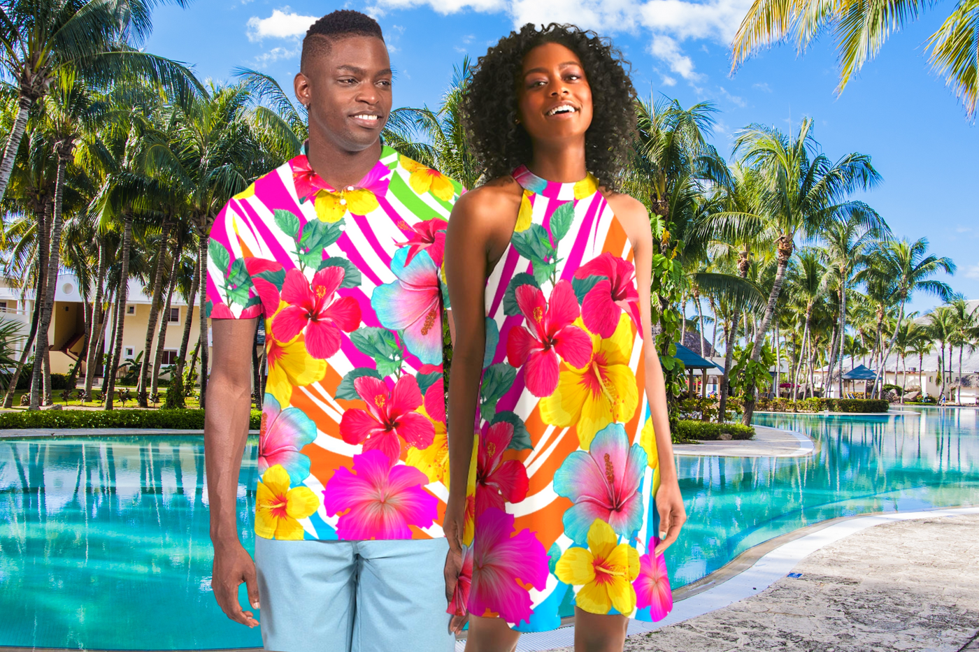 Bahama Bella Couples Matching Outfit Island Flowers Print Men's Polo Shirt and Women's Halter Dress.