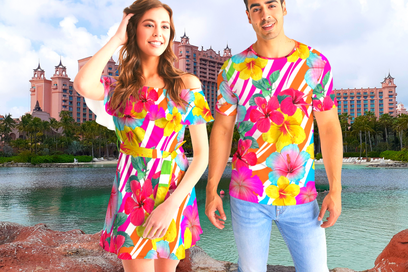 Bahama Bella Couples Matching Wear in Island Flowers Print Men's Tee and Women's Off the Shoulder Dress.