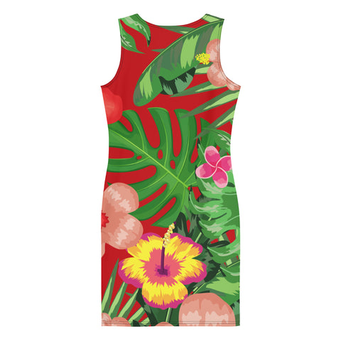 Red Tropical Print Bodycon Dress