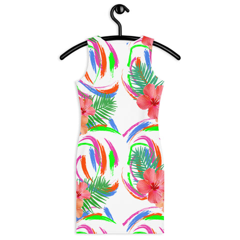 Tropical Hibiscus Floral White Bodycon Dress