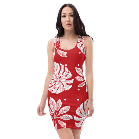 Red & White Leaves Bodycon Dress