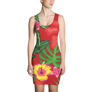 Red Tropical Print Bodycon Dress