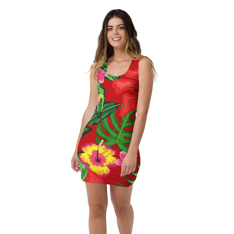 Red Tropical Print Bodycon Dress