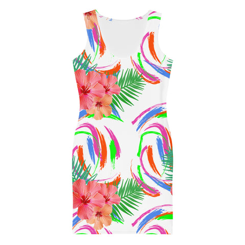 Tropical Hibiscus Floral White Bodycon Dress