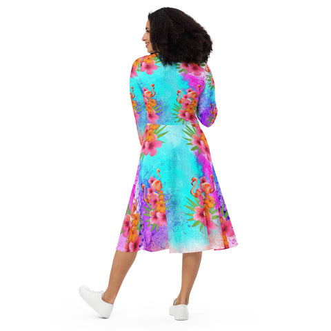 Watercolor Tropical Flamingos Long Sleeve Midi Dress