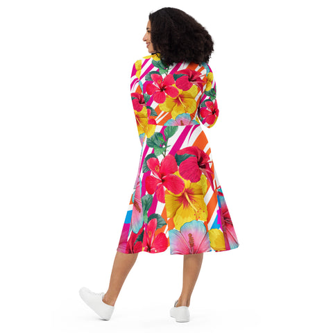 Island Flowers Long Sleeve Midi Dress