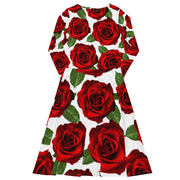 Red Roses White Long Sleeve Midi Dress