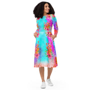 Watercolor Tropical Flamingos Long Sleeve Midi Dress