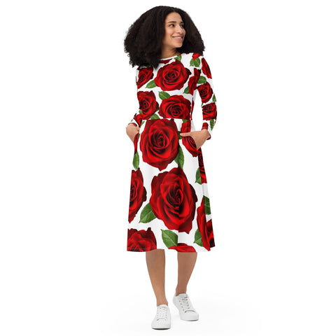 Red Roses White Long Sleeve Midi Dress