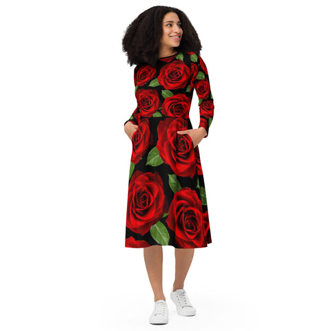 Red Roses Black Long Sleeve Midi Dress