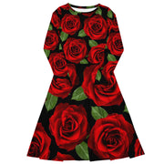 Red Roses Black Long Sleeve Midi Dress