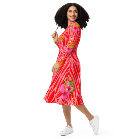 Tropique Flamingos Long Sleeve Midi Dress