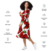 Red Roses White Long Sleeve Midi Dress