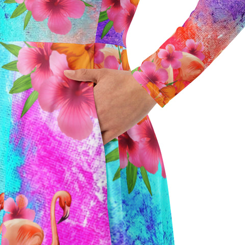 Watercolor Tropical Flamingos Long Sleeve Midi Dress