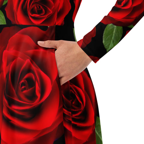 Red Roses Black Long Sleeve Midi Dress