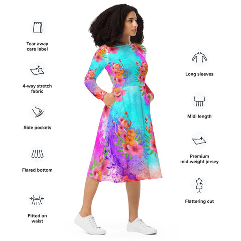 Watercolor Tropical Flamingos Long Sleeve Midi Dress