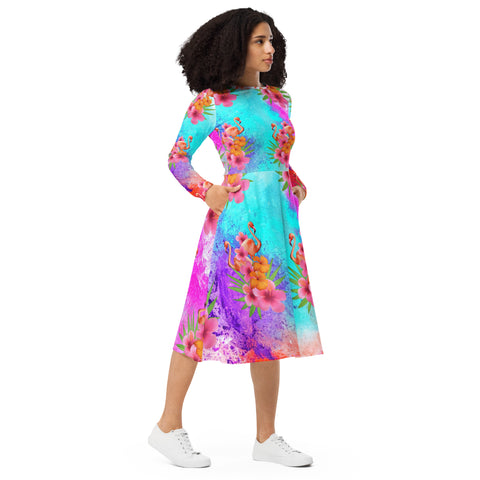 Watercolor Tropical Flamingos Long Sleeve Midi Dress