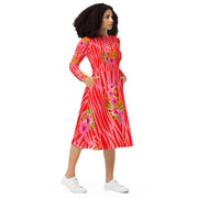 Tropique Flamingos Long Sleeve Midi Dress