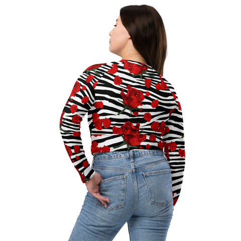 Zebra Print Red Roses Long Sleeve Crop Top