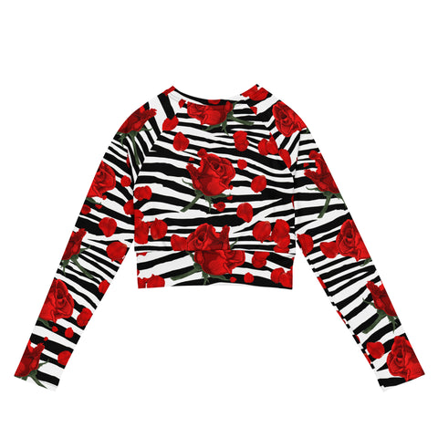 Zebra Print Red Roses Long Sleeve Crop Top