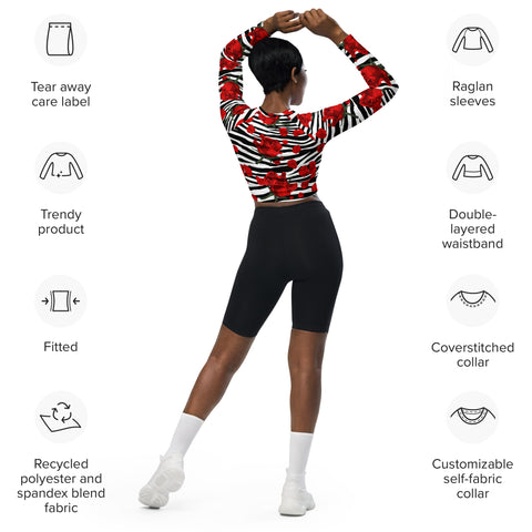 Zebra Print Red Roses Long Sleeve Crop Top