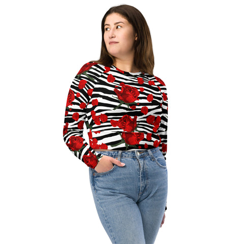 Zebra Print Red Roses Long Sleeve Crop Top