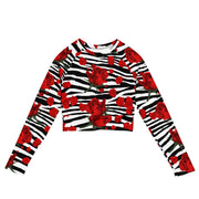 Zebra Print Red Roses Long Sleeve Crop Top