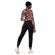 Zebra Print Red Roses Long Sleeve Crop Top