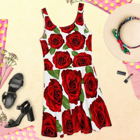 Red Roses White Skater Dress