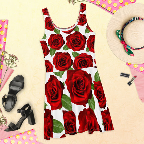 Red Roses White Skater Dress