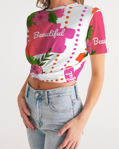 Pink Hibiscus Twist Front Cropped Top