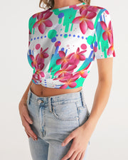 Pink Plumeria Floral Twist Front Crop Top