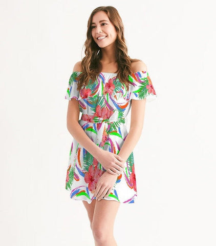 Tropical Hibiscus Off Shoulder Dress
