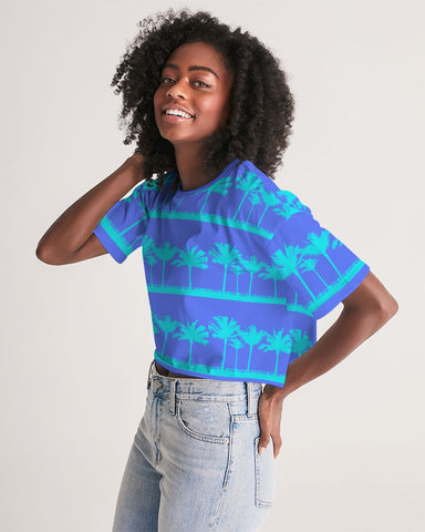 Blue Palms Tropical Print Cropped Top