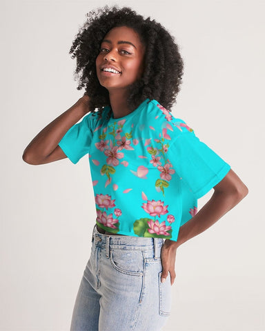 Floral Lotus Turquoise Cropped Top