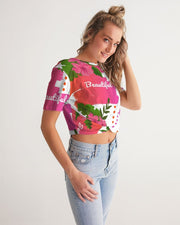 Pink Hibiscus Twist Front Cropped Top