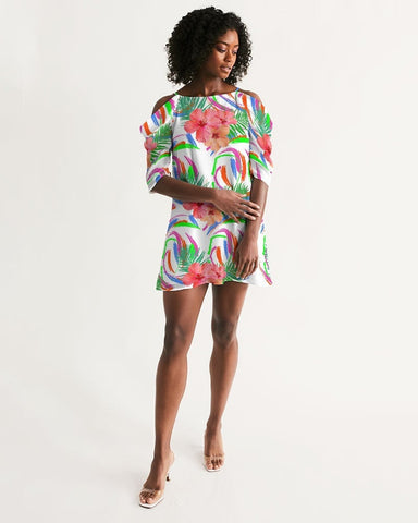 Tropical Hibiscus Cold Shoulder Dress