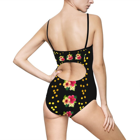 Tropical Floral Dots Black Swimsuit