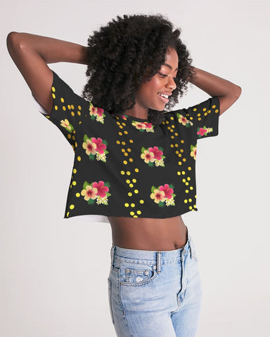 Floral Dots Black Cropped Top