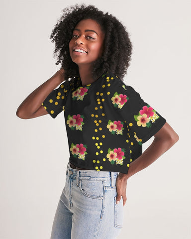 Floral Dots Black Cropped Top