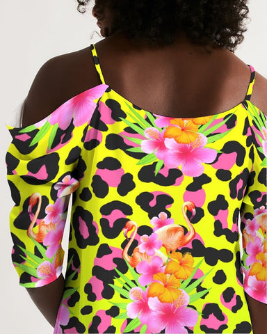 Tropical Animal Print Cold Shoulder Dress