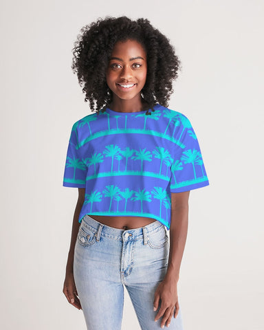 Blue Palms Tropical Print Cropped Top