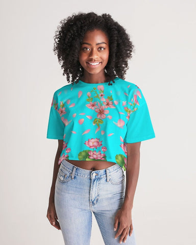 Floral Lotus Turquoise Cropped Top