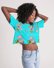 Floral Lotus Turquoise Cropped Top