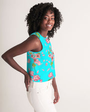 Floral Lotus Turquoise Women's Cropped Tank Top