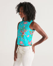 Floral Lotus Turquoise Women's Cropped Tank Top