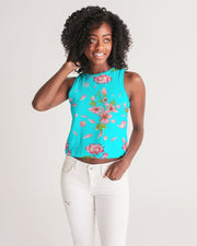 Floral Lotus Turquoise Women's Cropped Tank Top