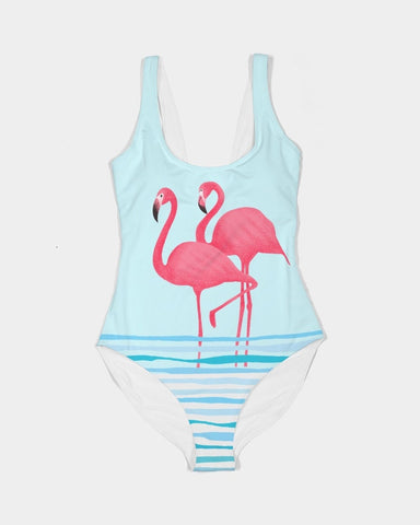 FLAMINGOS & WAVES COUPLES MATCHING AQUA BLUE SWIMSUIT SET