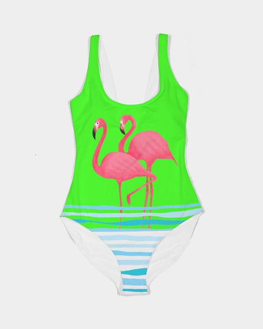 NEON GREEN COUPLES PINK FLAMINGOS & BLUE WAVES SWIMSUIT SET
