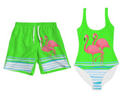 NEON GREEN COUPLES PINK FLAMINGOS & BLUE WAVES SWIMSUIT SET